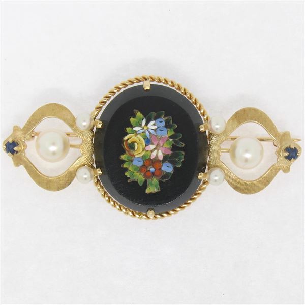 Vintage 14k Yellow Gold Black Onyx Floral Mosaic Sapphire and Pearl Brooch Pin