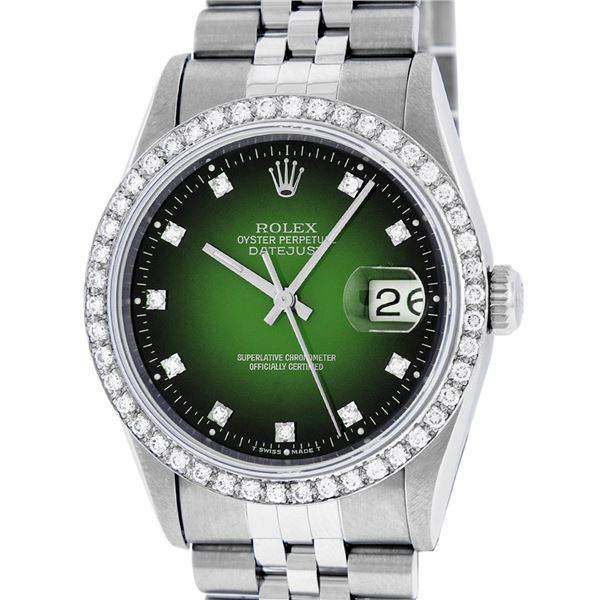 Rolex Mens Stainless Steel Green Vignette Diamond 36MM Datejust Wristwatch