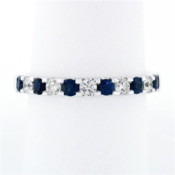 18K White Gold .90 ctw Round Brilliant Diamond & Sapphire Wedding Band Stack Rin