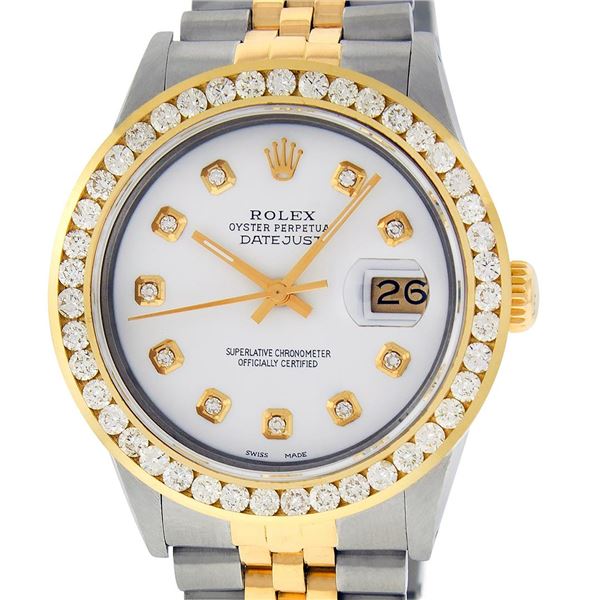 Rolex Mens 2 Tone White Diamond 3 ctw Channel Set Datejust Wristwatch