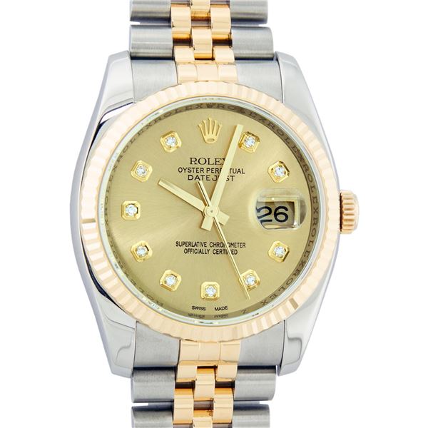 Rolex Mens Stainless Steel and Yellow Gold Champagne Diamond 36mm Datejust