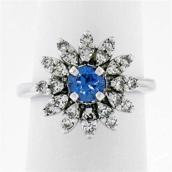 Vintage 14k White Gold 0.90 ctw Round Sapphire and Diamond Flower Cluster Ring