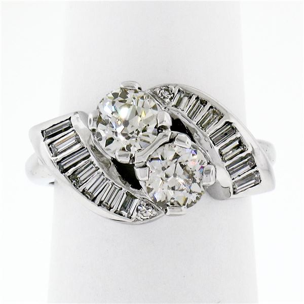 Art Deco Platinum 1.48 ctw Old European and Baguette Cut Diamond Bypass Ring