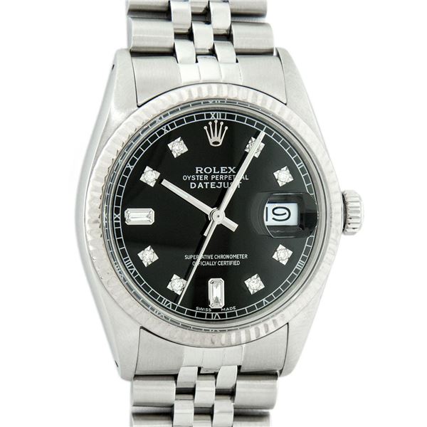 Rolex Mens Stainless Black Diamond 36MM Datejust Wristwatch Oyster Perpetual