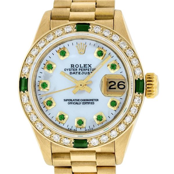 Rolex Ladies 18K Yellow Gold MOP Emerald President Wristwatch