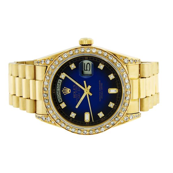 Rolex Mens 18K Yellow Blue Vignette Diamond Lugs Quickset President Wristwatch