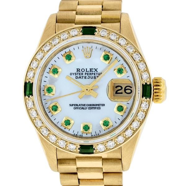 Rolex Ladies 18K Yellow Gold MOP Emerald President Wristwatch 26MM