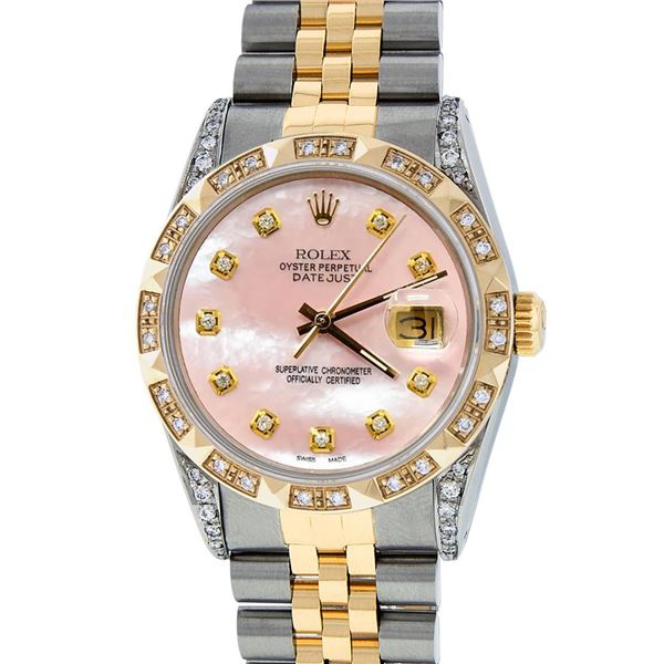 Rolex Mens 2 Tone Lugs Pink  MOP Diamond Pyramid Diamond Datejust