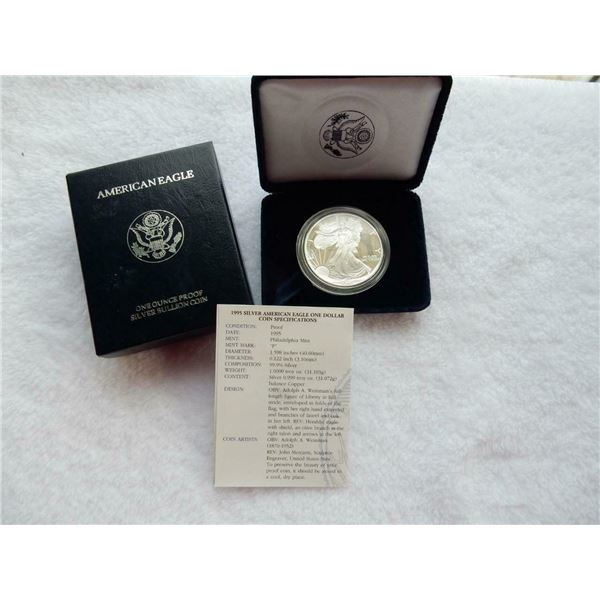 1995-P $1 American Silver Eagle Dollar Proof Coin w/Case & COA