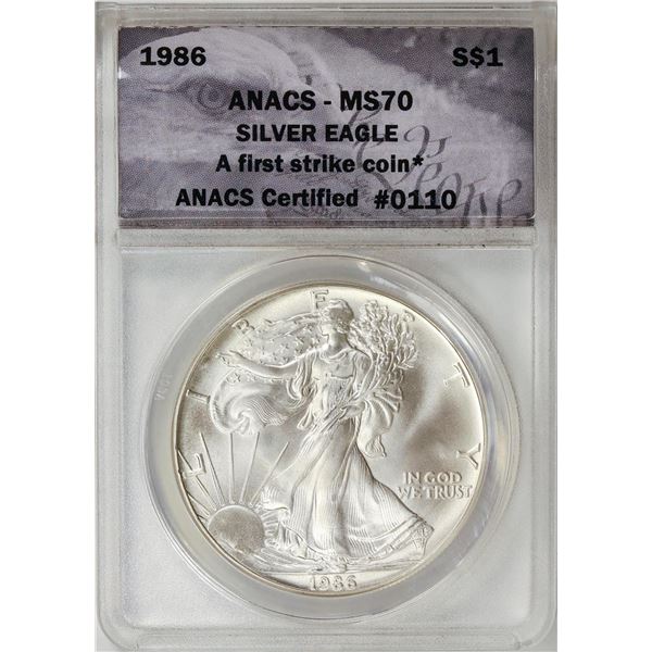 1986 American Silver Eagle .999 Fine Silver Dollar Coin ANACS MS70 First Strike