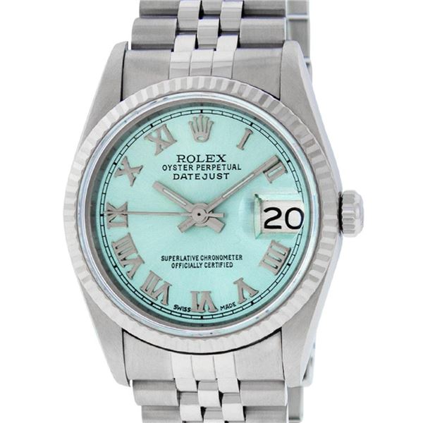 Rolex Mens Stainless Steel Ice Blue Roman 36MM Datejust Wristwatch