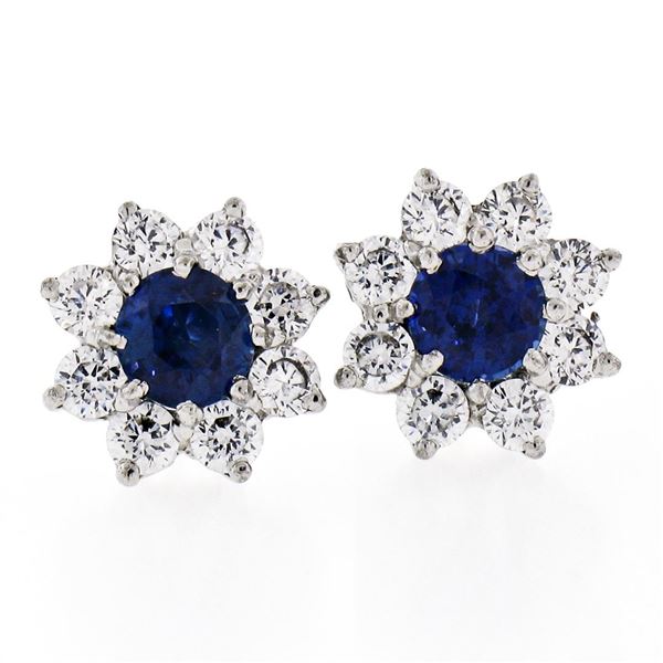 Sterling Silver Blue Crystal & CZ Halo Stud Earrings w/ 14k White Gold Posts