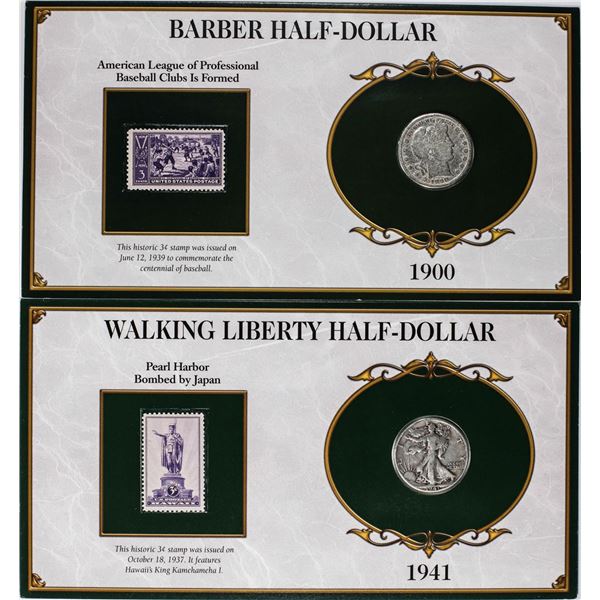 Lot of 1900-S Barber & 1941-D Waking Liberty Half Dollar Coins and Stamp Panels
