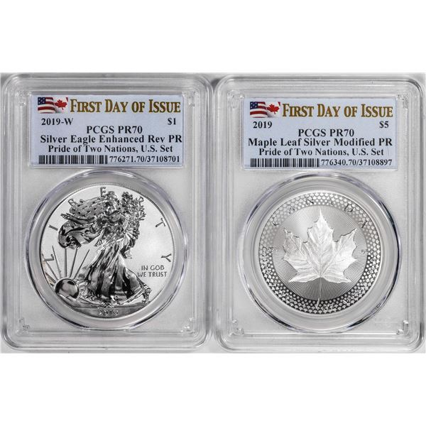 2019 Pride of Two Nations (2) Coin Proof Silver Eagle & Maple Leaf Set PCGS PR70 FDOI