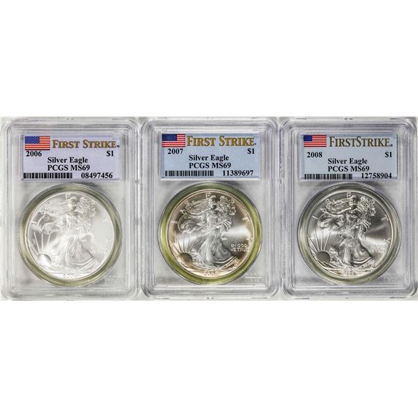 Lot of 2006-2008 $1 American Silver Eagle Coins PCGS MS69 First Strike