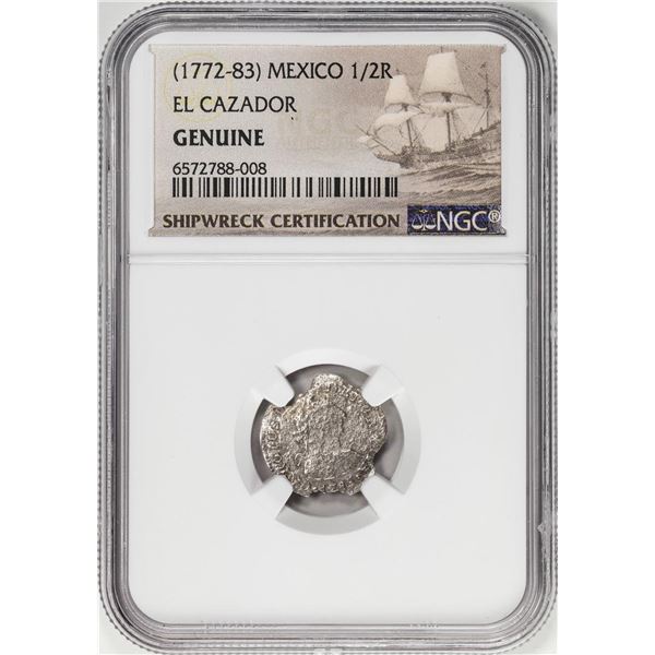 El Cazador Shipwreck (1772-83) Mexico 1/2 Real Silver Coin NGC Genuine w/ Story Card