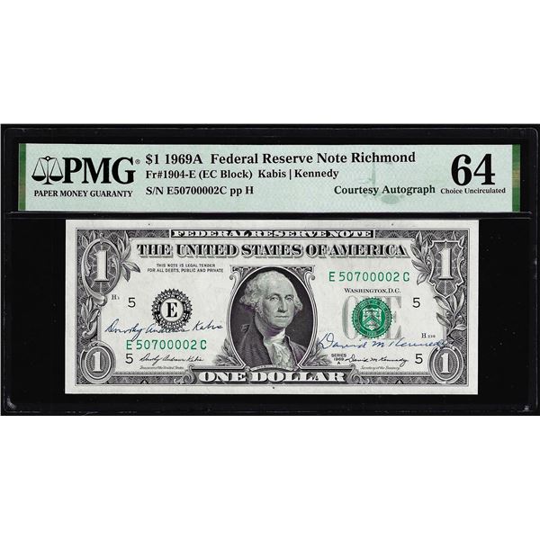 1969A $1 Federal Reserve Note PMG Choice Uncirculated 64 Dual Courtesy Autograph