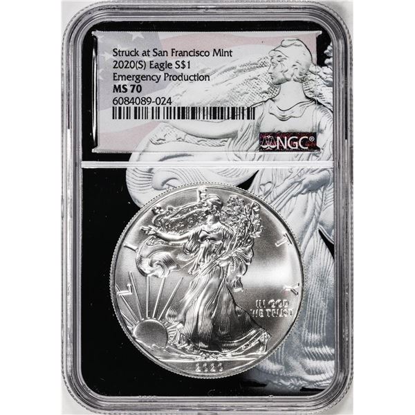2020(S) $1 American Silver Eagle Coin NGC MS70 San Francisco Emergency Production