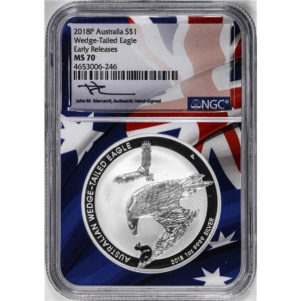 2018 Australia $1 Wedge-Tailed Eagle Silver Coin NGC MS70 Mercanti Signed Early Releases