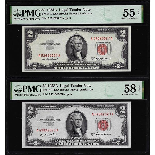 Lot of (2) 1953A $2 Legal Tender Notes Fr.1510 PMG About Uncirculated 55EPQ/58EPQ