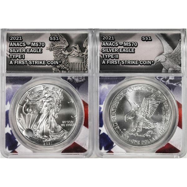 Lot of 2021 Type 1 & Type 2 $1 American Silver Eagle Coins ANACS MS70 First Strike