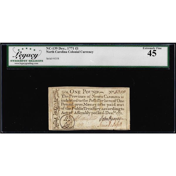 December 1771 One Pound North Carolina Colonial Note NC-139 Legacy Extremely Fine 45
