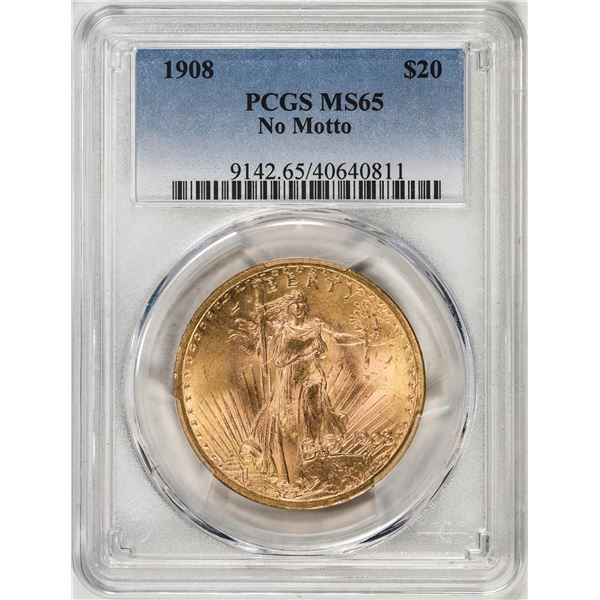 1908 No Motto $20 St. Gaudens Double Eagle Gold Coin PCGS MS65