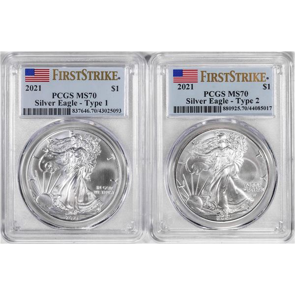 Lot of 2021 Type 1 & Type 2 $1 American Silver Eagle Coins PCGS MS70 First Strike