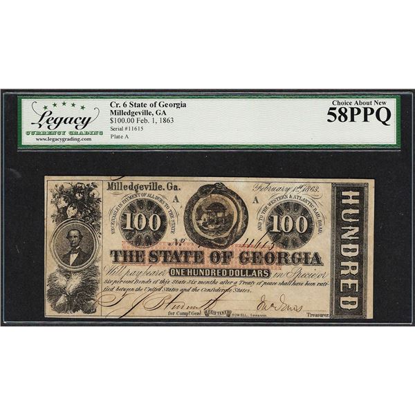 1863 $100 State of Georgia Milledgeville, GA Obsolete Note Legacy Ch. About New 58PPQ