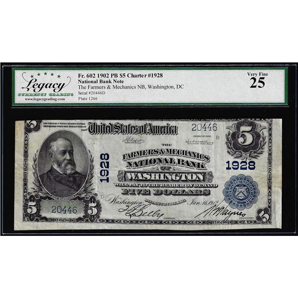 1902 $5 Farmers & Mechanics NB of Washington, DC CH# 1928 National Currency Note VF25