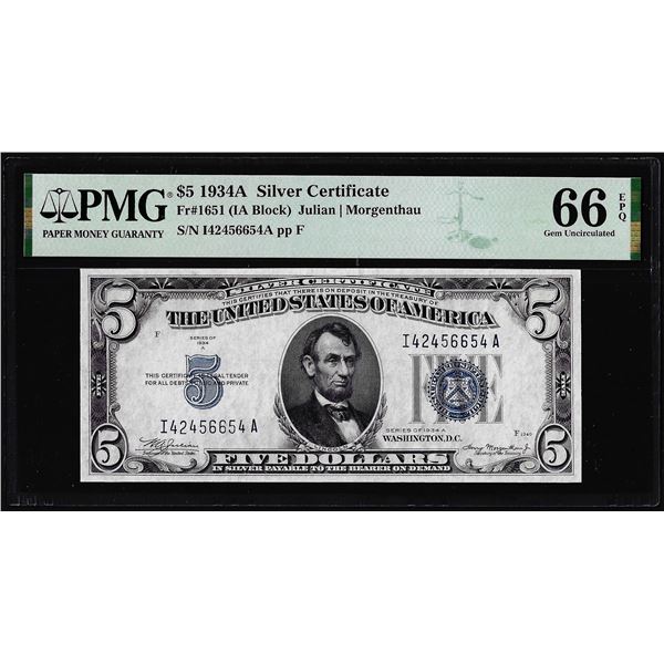1934A $5 Silver Certificate Note Fr.1651 PMG Gem Uncirculated 66EPQ