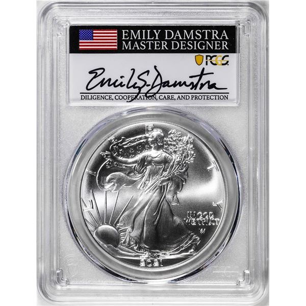 2021 Type 2 $1 American Silver Eagle Coin PCGS MS70 Damstra Signature First Strike