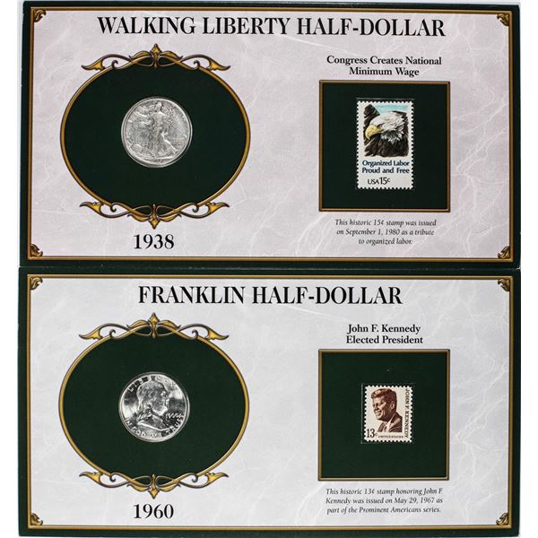 Lot of 1938 Walking Liberty & 1960 Franklin Half Dollar Coins and Stamp Panels