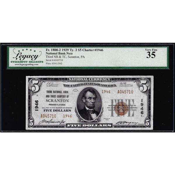 1929 $5 NB Scranton, PA CH# 1946 Fr.1800-2 National Currency Note Legacy Very Fine 35