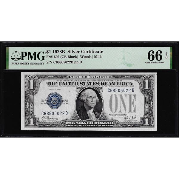 1928B $1 Funnyback Silver Certificate Note Fr.1602 PMG Gem Uncirculated 66EPQ