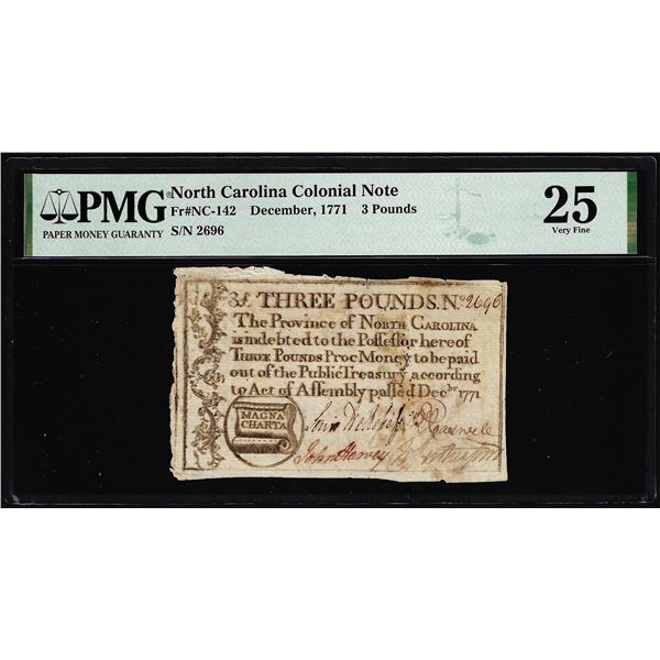 1771 North Carolina 3 Pounds Colonial Note NC-142 PMG Very Fine 25 Magna Charta