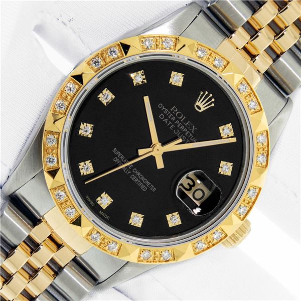 Rolex Men's Two Tone Black Diamond Pyramid Datejust Wristwatch