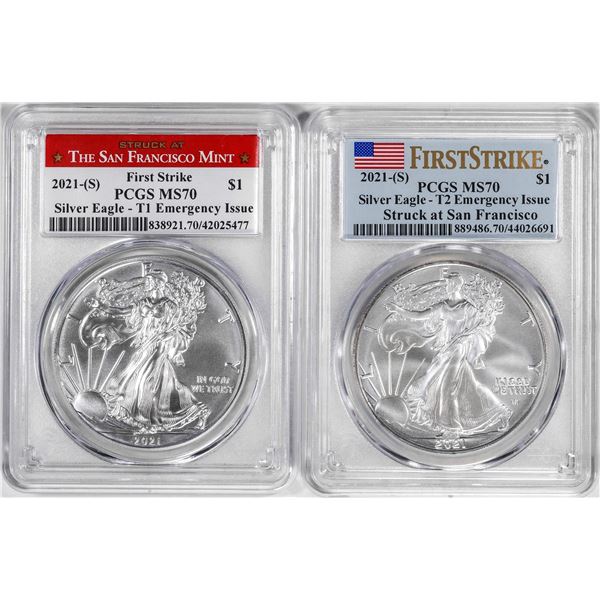 Lot of 2021-(S) Type 1 & 2 $1 American Silver Eagle Coins PCGS MS70 First Strike