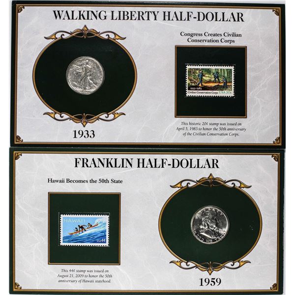 Lot of 1933 Walking Liberty & 1959 Franklin Half Dollar Coins and Stamp Panels