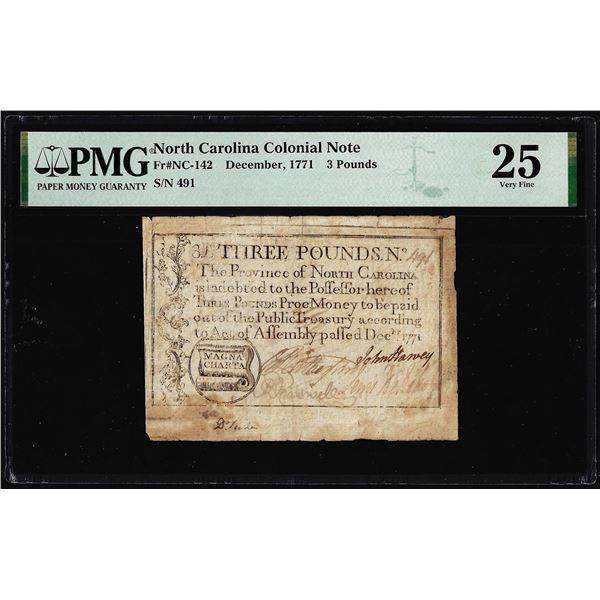 1771 North Carolina 3 Pounds Colonial Note NC-142 PMG Very Fine 25 Magna Charta