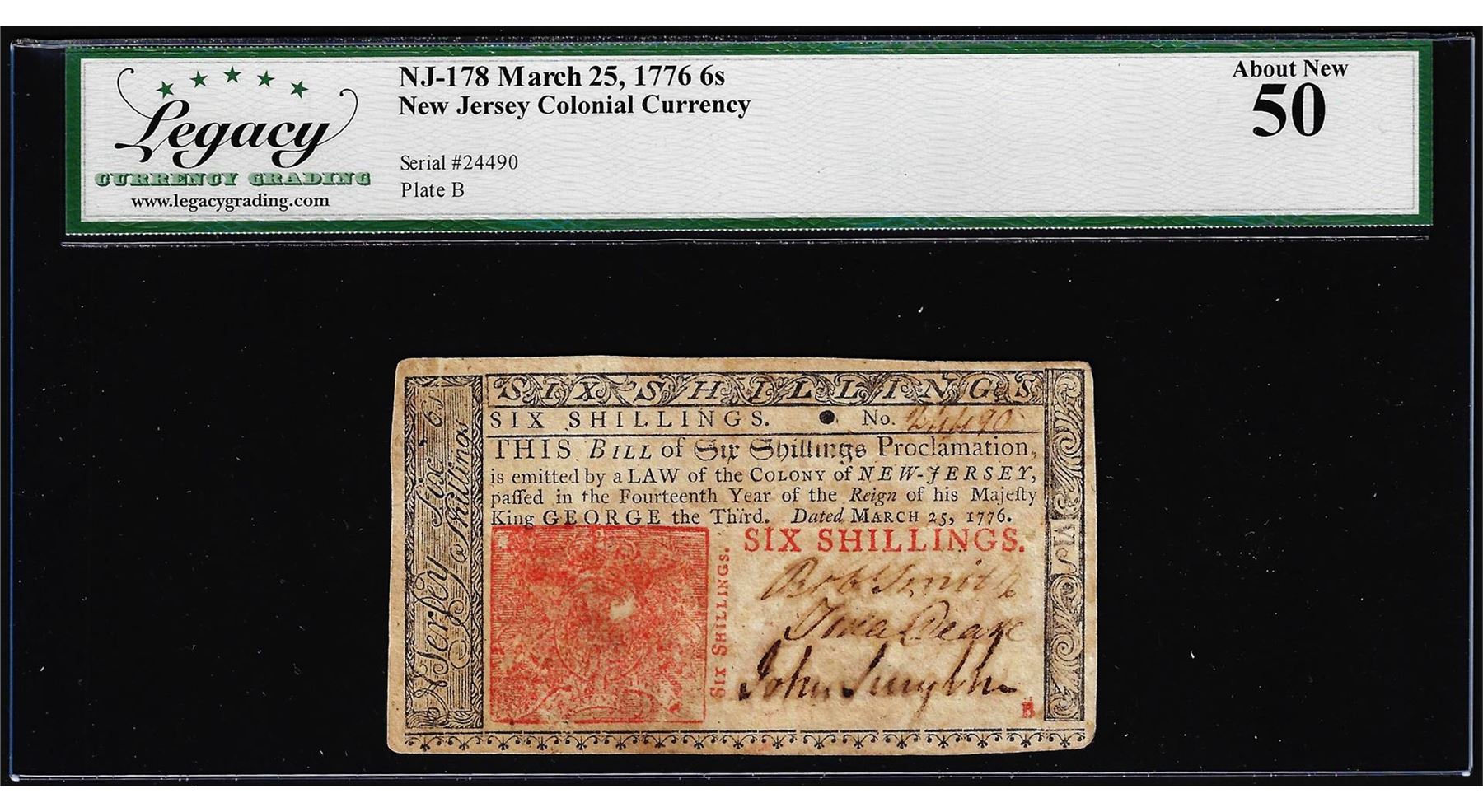 March 25, 1776 New Jersey 6 Shillings Colonial Note NJ-178 Legacy About ...