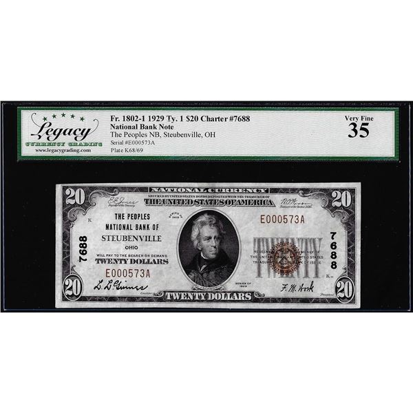 1929 $20 Peoples NB of Steubenville, OH CH# 7688 National Currency Note Legacy VF35