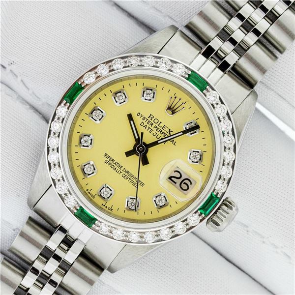 Rolex Ladies Stainless Steel Yellow Diamond & Emerald Datejust Wristwatch