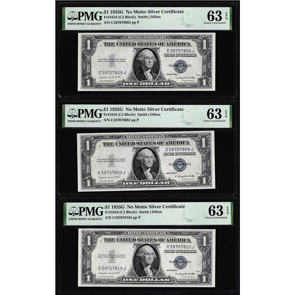 (3) Consecutive 1935G No Motto $1 Silver Certificate Notes PMG Ch. Uncirculated 63EPQ