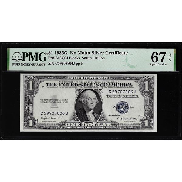 1935G No Motto Silver Certificate Note Fr.1616 PMG Superb Gem Uncirculated 67EPQ