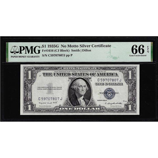 1935G No Motto $1 Silver Certificate Note Fr.1616 PMG Gem Uncirculated 66EPQ