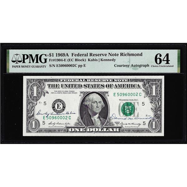 1969A $1 Federal Reserve Note PMG Choice Uncirculated 64 Dual Courtesy Autograph