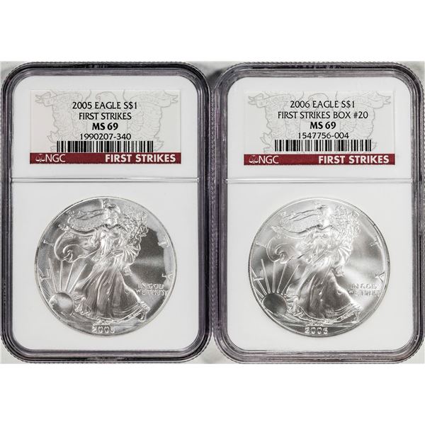 Lot of 2005-2006 $1 American Silver Eagle Coins NGC MS69 First Strikes