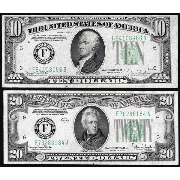 Lot of 1934D $10 & $20 Federal Reserve Notes Atlanta