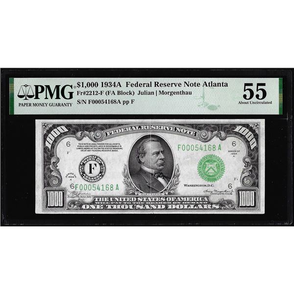1934A $1,000 Federal Reserve Note Atlanta Fr.2212-F PMG About Uncirculated 55